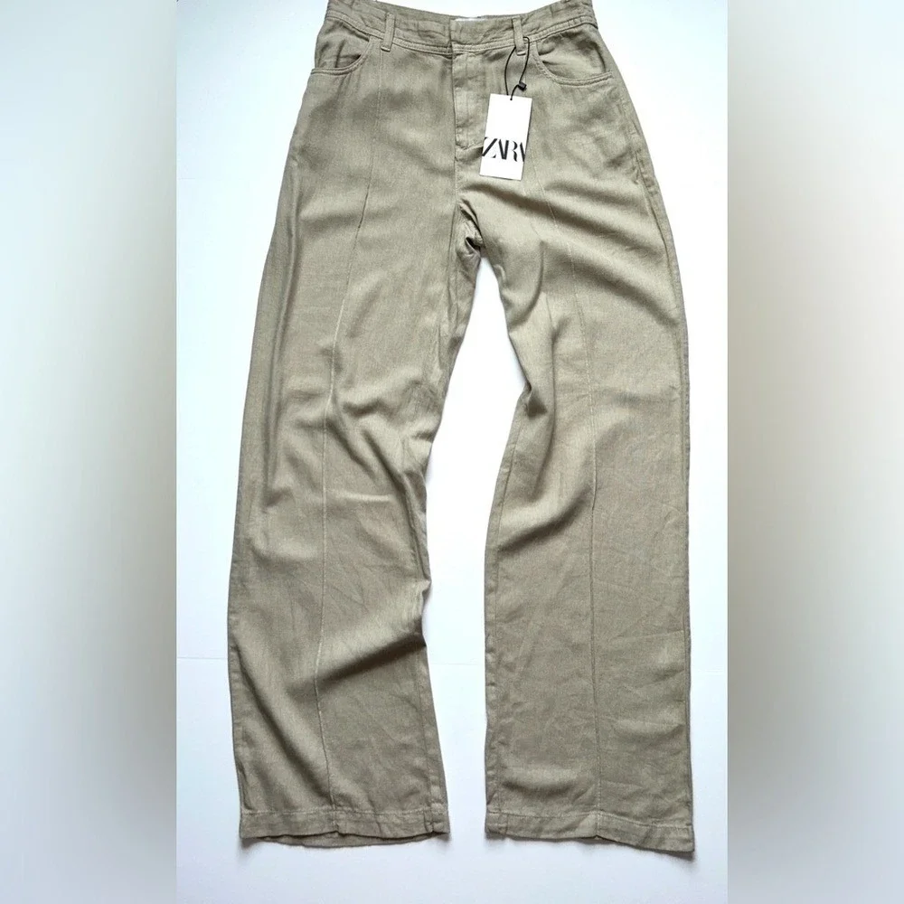 NWT Zara Woman's Linen Blend Wide‎ Straight Tailored Leg Pants Small